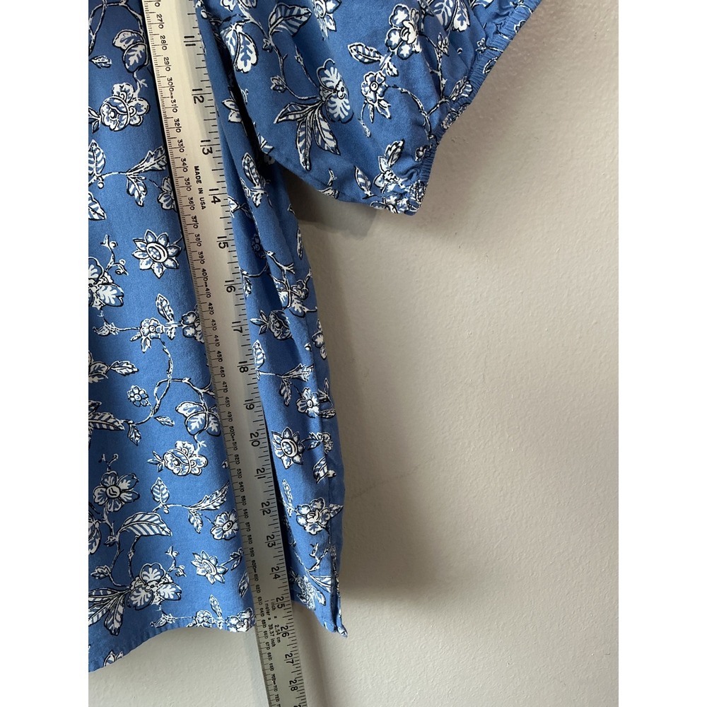 LOFT Blue Floral Cotton Rayon Tie Neck Puff Short Sleeve Peasant Blouse Medium - Picture 6 of 9